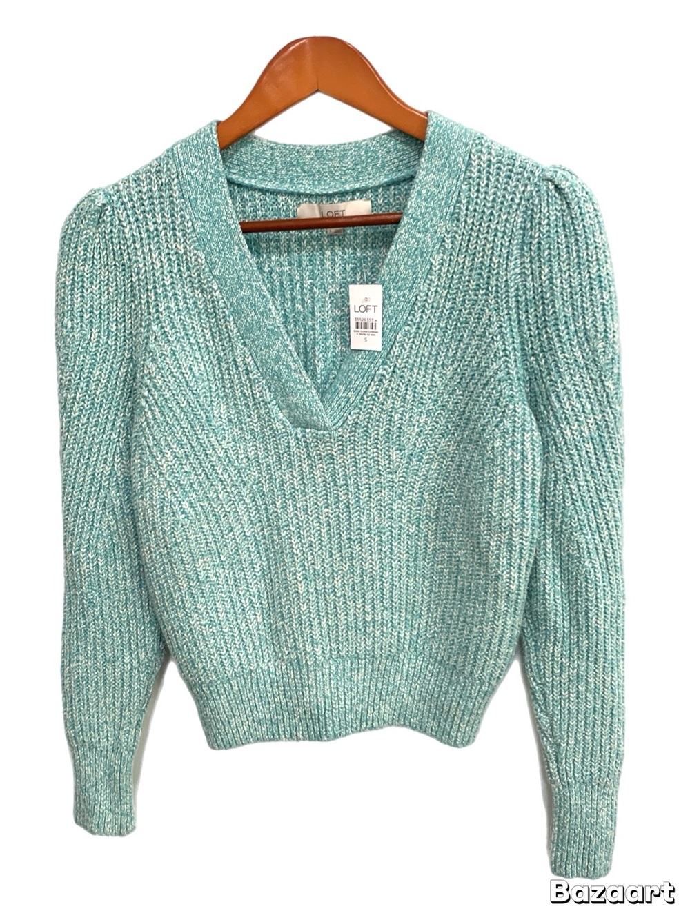 LOFT Mint-Teal Ribbed V-Neck Sweater with Puff Shoulders